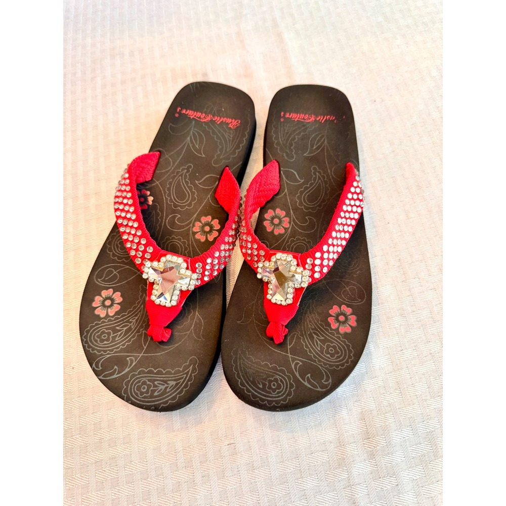 Rustic Couture Women Red Rhinestone Cross Flip Flops Western Boho Sandals Size 9